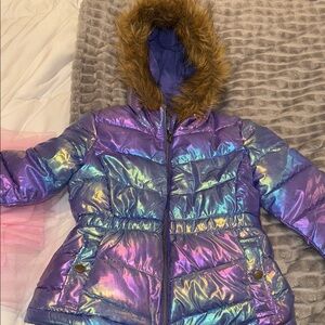 Iridescent Puffer Jacket with Faux Fur Hood